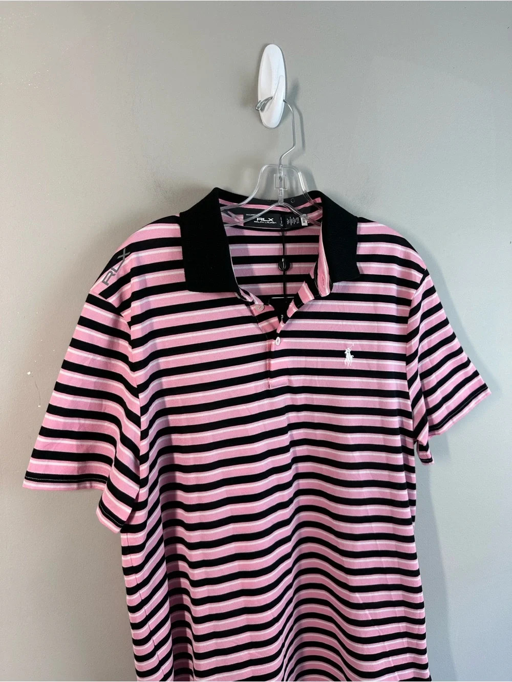 NWT RLX Ralph Lauren Pink And Black Stripe Polo Shirt Size L Golf